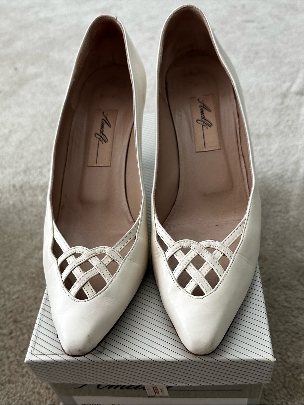 Amalfi Italian Cream Leather Woven Narrow Pointed-Toe Heels
